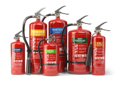 Fire extinguishers isolated on white background. Various types of extinguishers. 3d illustration
